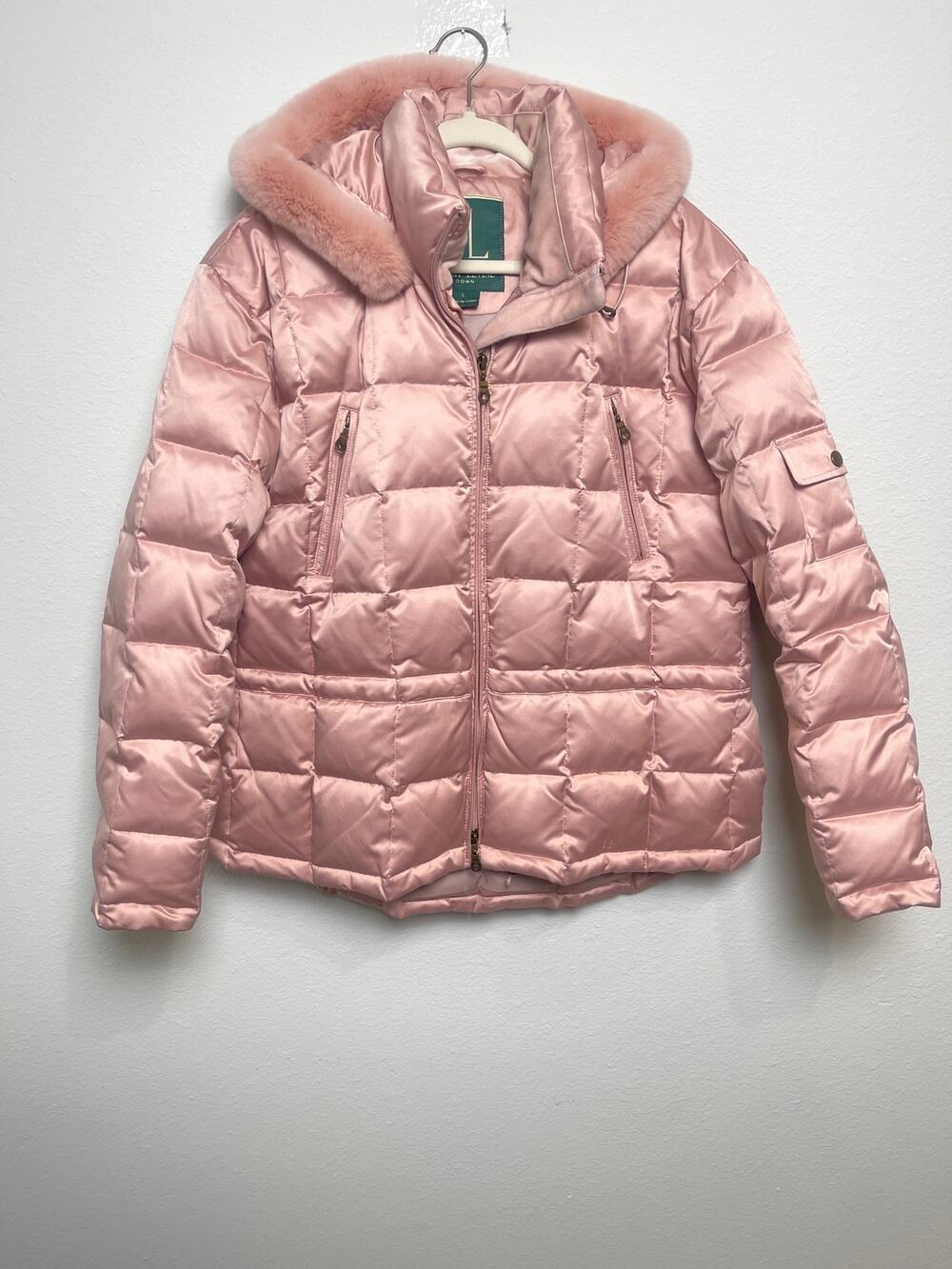Larry Levine Down Puffer Jacket Pink Faux Fur Hood Women’s Large Winter Coat